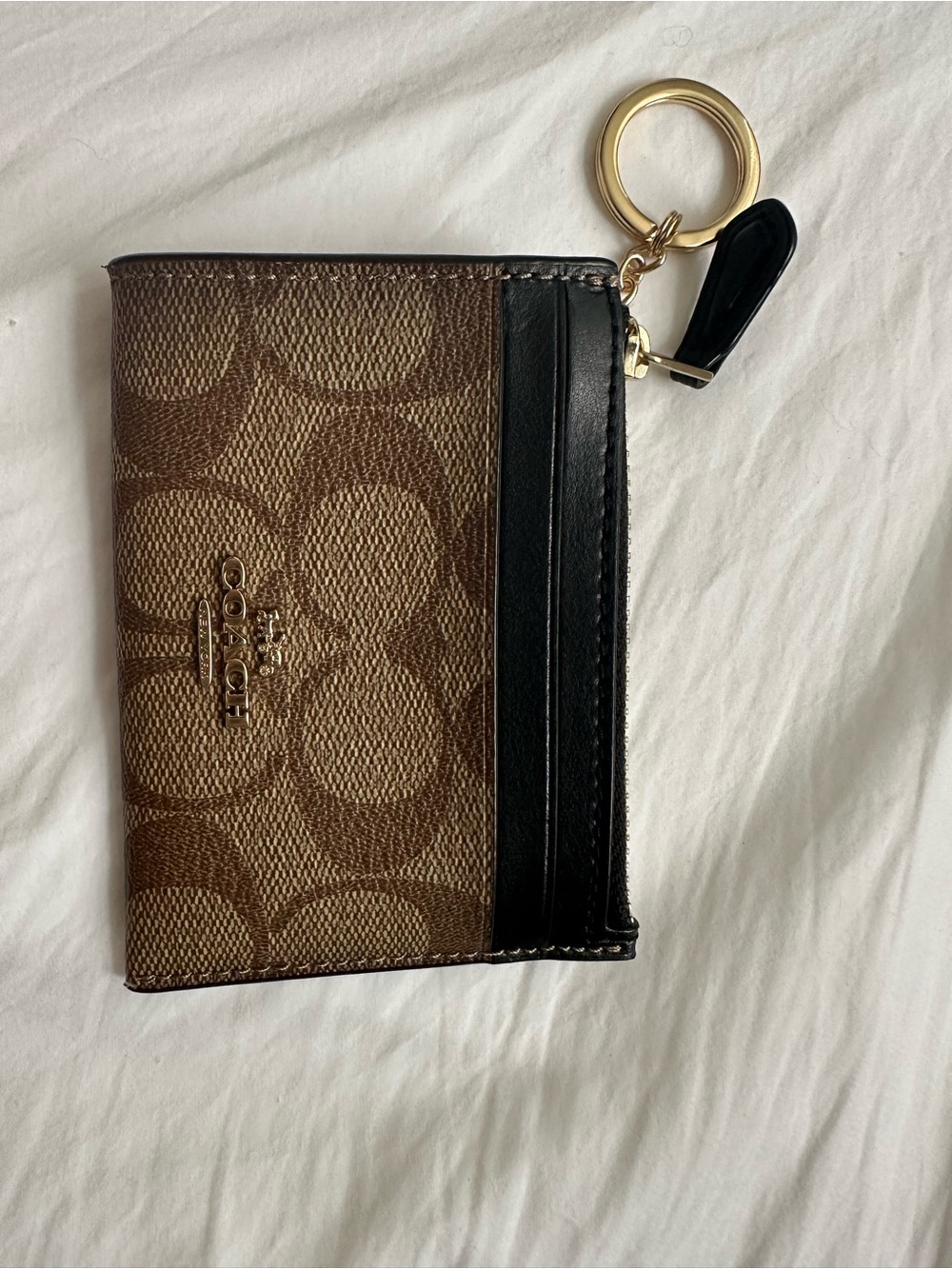 Coach Brown Signature Canvas Card Case with Black Leather Trim & Gold Keyring